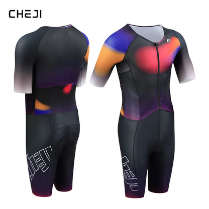 CHEJI Pro Aero Cycling Road Suit Men One Piece Tight Bodysuit Anti-Slip Leg Grips Road Bicycle