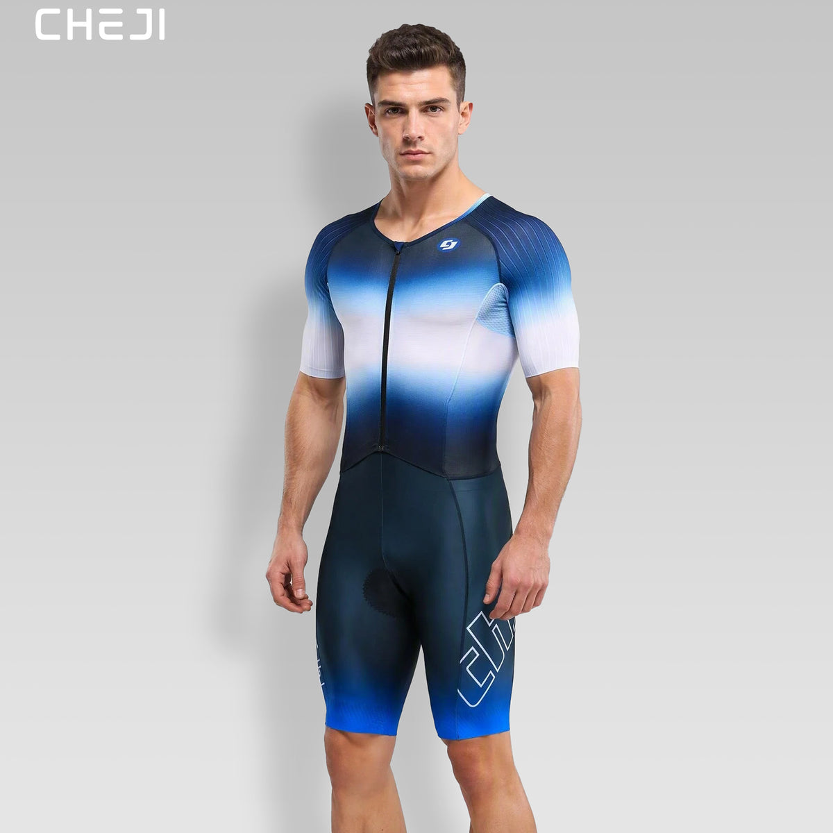 CHEJI Pro Aero Cycling Road Suit Men One Piece Tight Bodysuit Anti-Slip Leg Grips Road Bicycle