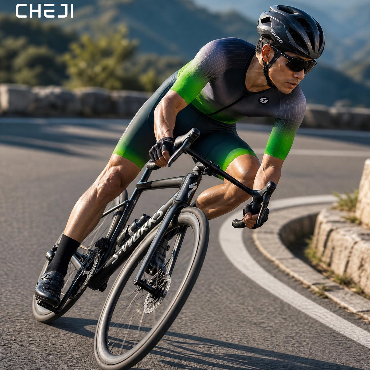 CHEJI Pro Aero Cycling Road Suit Men One Piece Tight Bodysuit Anti-Slip Leg Grips Road Bicycle