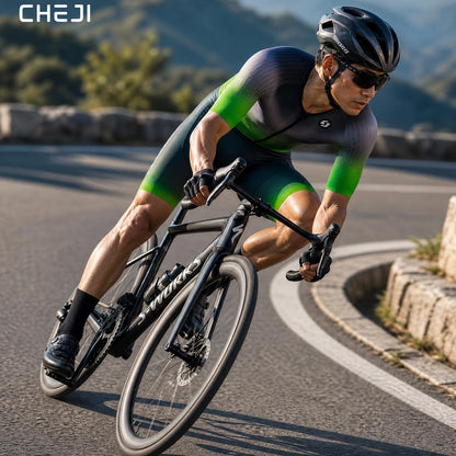 CHEJI Pro Aero Cycling Road Suit Men One Piece Tight Bodysuit Anti-Slip Leg Grips Road Bicycle