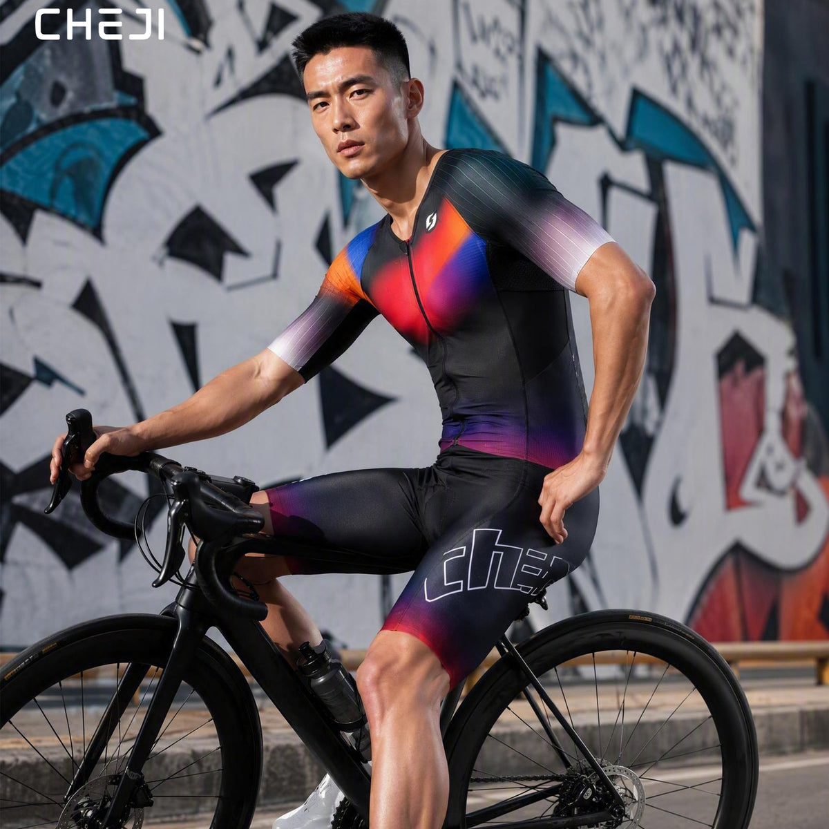 CHEJI Pro Aero Cycling Road Suit Men One Piece Tight Bodysuit Anti-Slip Leg Grips Road Bicycle