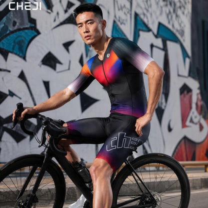 CHEJI Pro Aero Cycling Road Suit Men One Piece Tight Bodysuit Anti-Slip Leg Grips Road Bicycle
