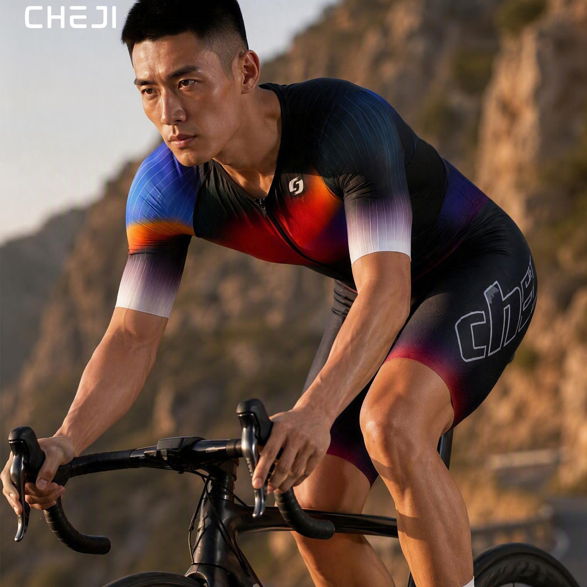 CHEJI Pro Aero Cycling Road Suit Men One Piece Tight Bodysuit Anti-Slip Leg Grips Road Bicycle