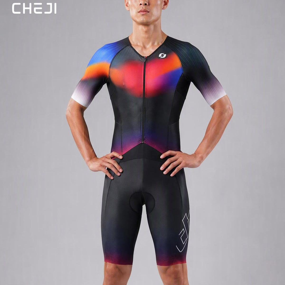 CHEJI Pro Aero Cycling Road Suit Men One Piece Tight Bodysuit Anti-Slip Leg Grips Road Bicycle