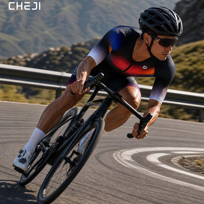 CHEJI Pro Aero Cycling Road Suit Men One Piece Tight Bodysuit Anti-Slip Leg Grips Road Bicycle