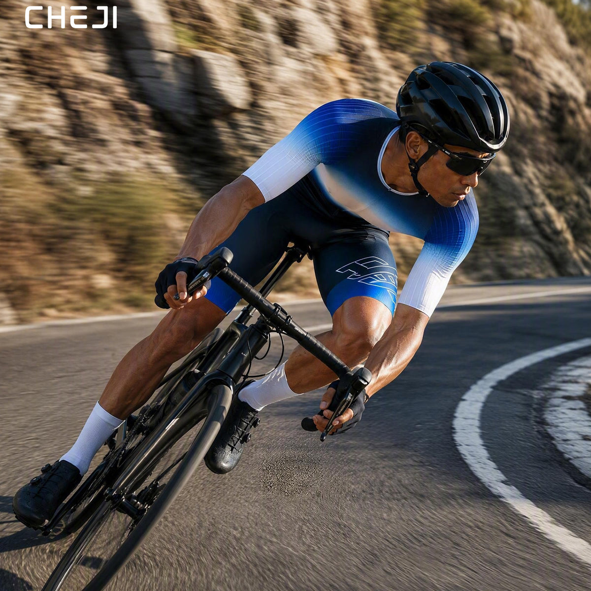 CHEJI Pro Aero Cycling Road Suit Men One Piece Tight Bodysuit Anti-Slip Leg Grips Road Bicycle