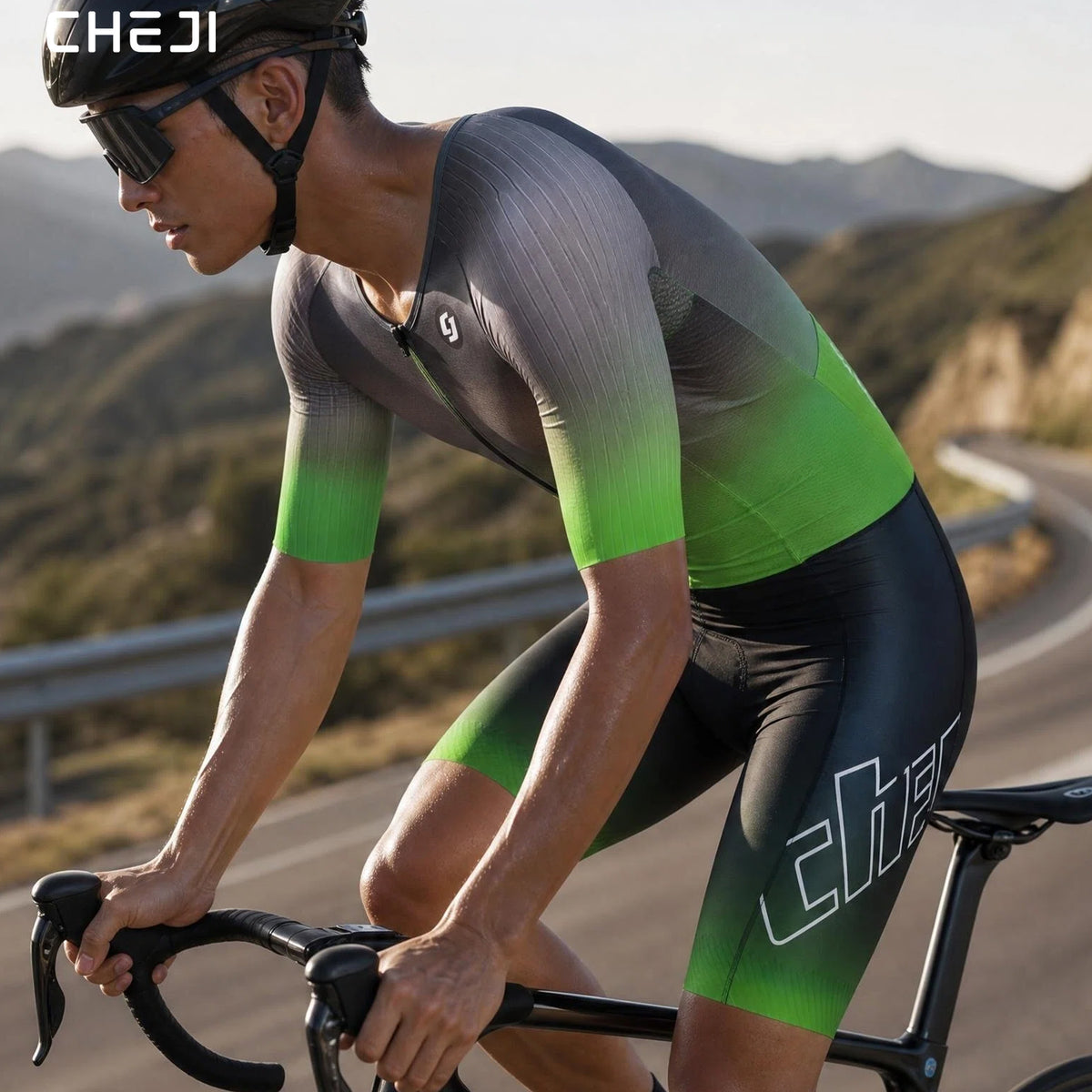 CHEJI Pro Aero Cycling Road Suit Men One Piece Tight Bodysuit Anti-Slip Leg Grips Road Bicycle