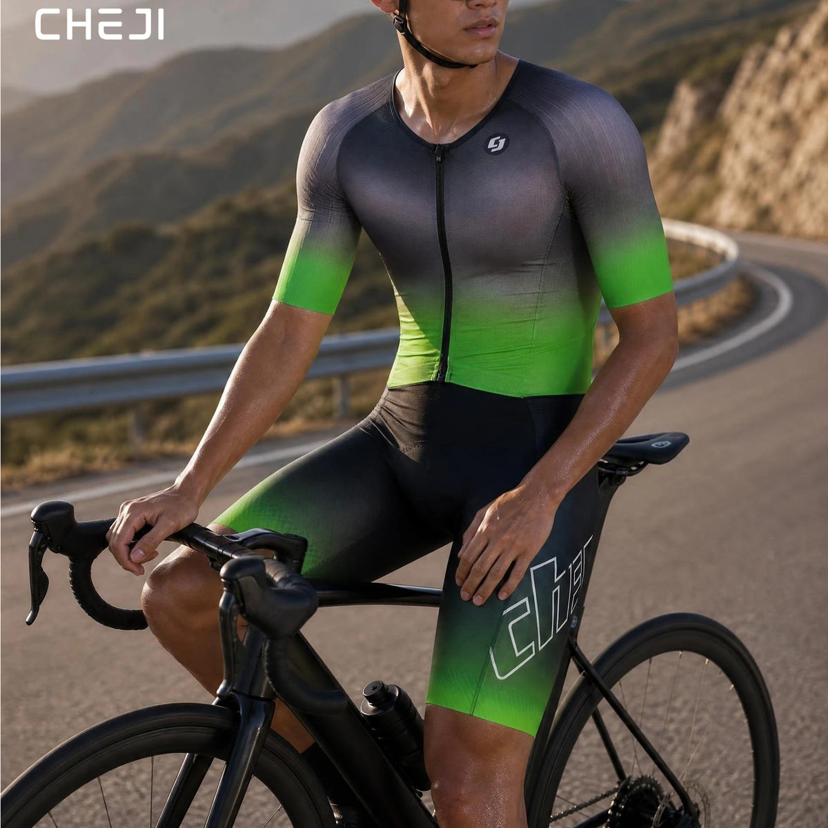CHEJI Pro Aero Cycling Road Suit Men One Piece Tight Bodysuit Anti-Slip Leg Grips Road Bicycle