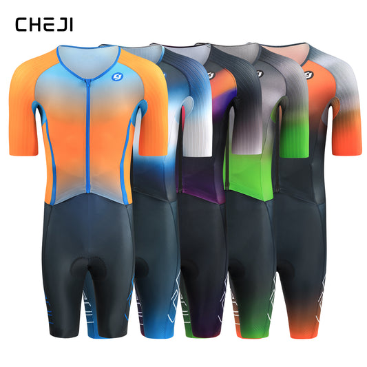 CHEJI Pro Aero Cycling Road Suit Men One Piece Tight Bodysuit Anti-Slip Leg Grips Road Bicycle